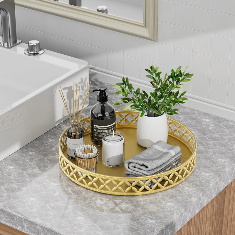 EKNITEY Bathroom Counter Vanity Tray - Perfume Makeup for Dresser Tops Gold Round Serving Candle Decorative Storage Home Decor 11'' Floral-gold - Image 1